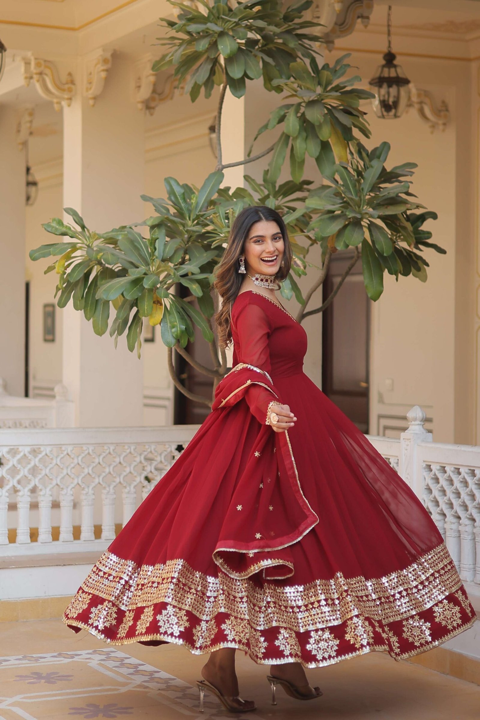 Maroon Faux Blooming Gown with Sequined Dupatta ? Elegant Fully Flared Party & Wedding Set - Image 3
