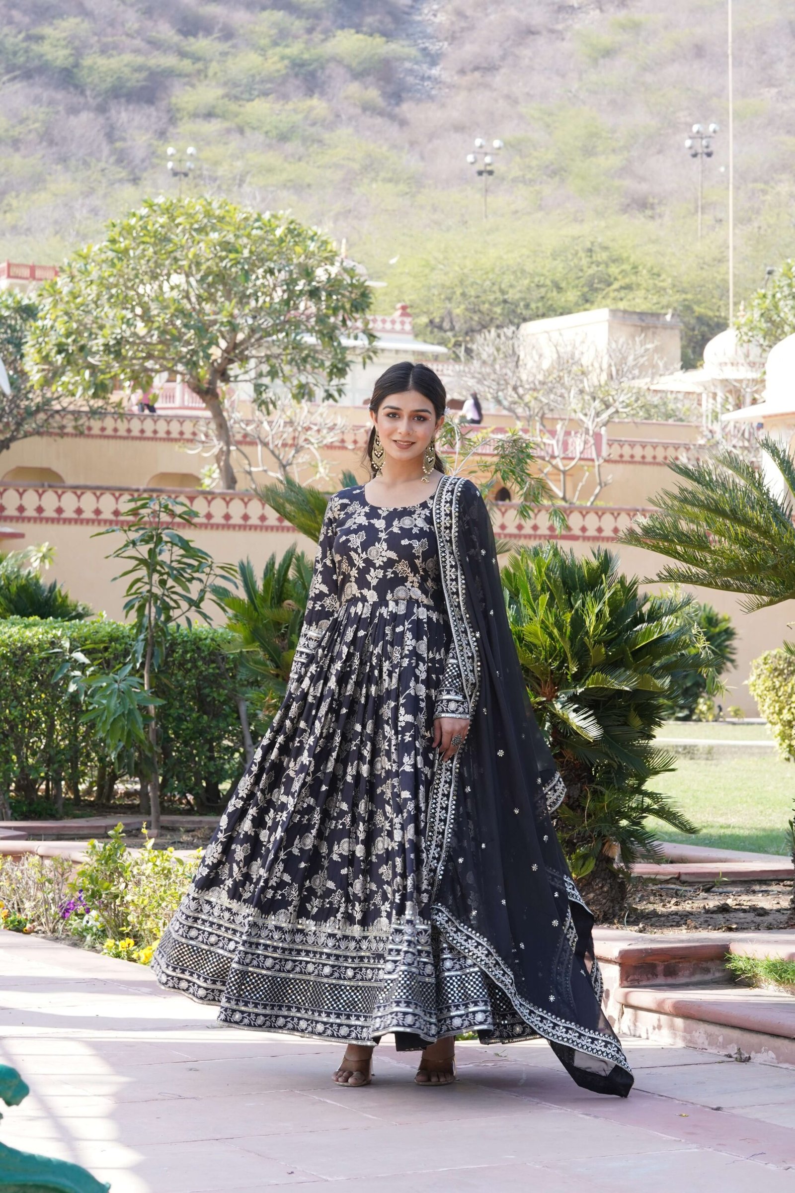Black Viscose Dyable Jacquard Gown with Russian Silk Sequined Dupatta ? Elegant Party & Wedding Set - Image 2