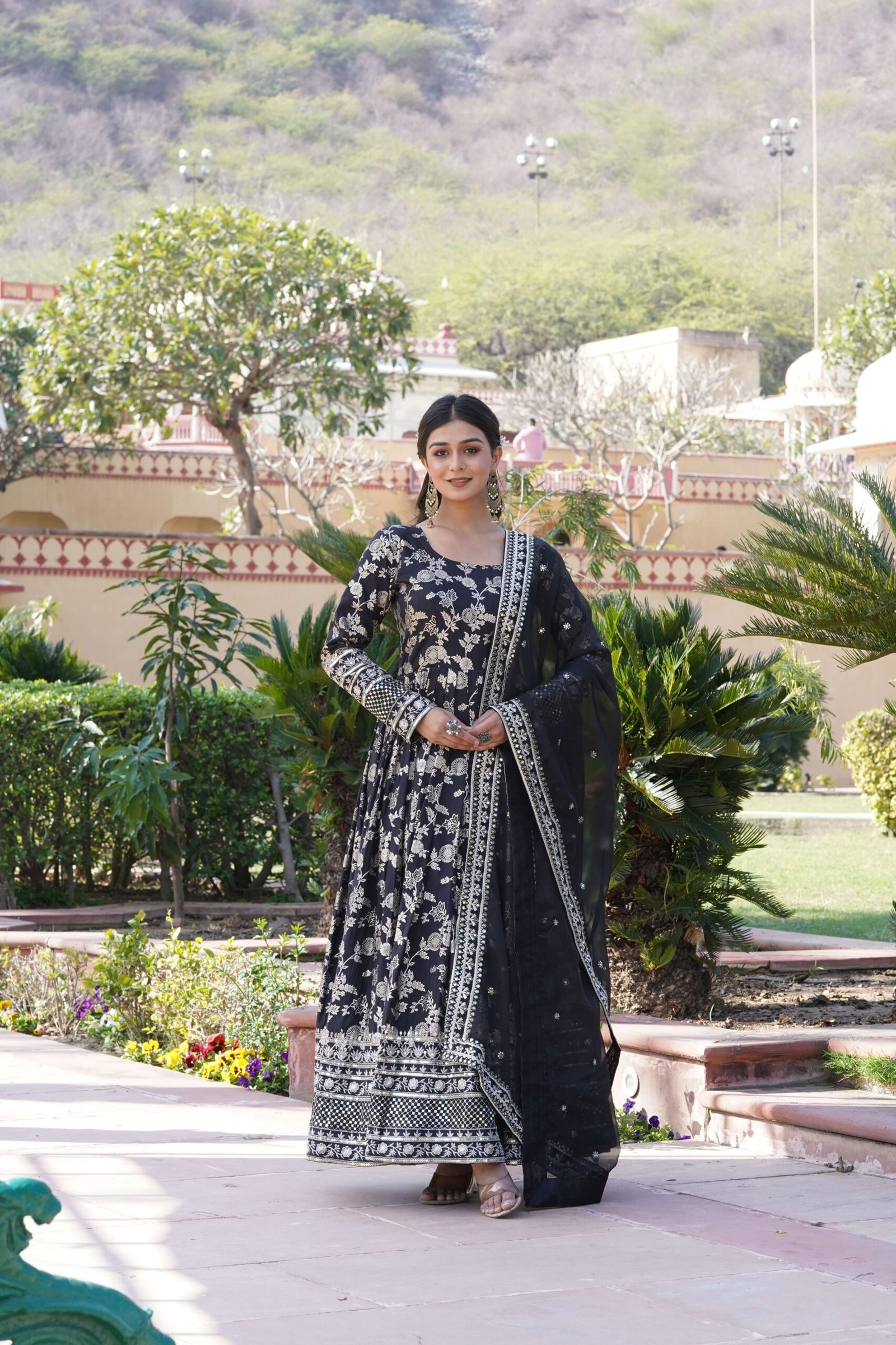 Black Viscose Dyable Jacquard Gown with Russian Silk Sequined Dupatta ? Elegant Party & Wedding Set - Image 6