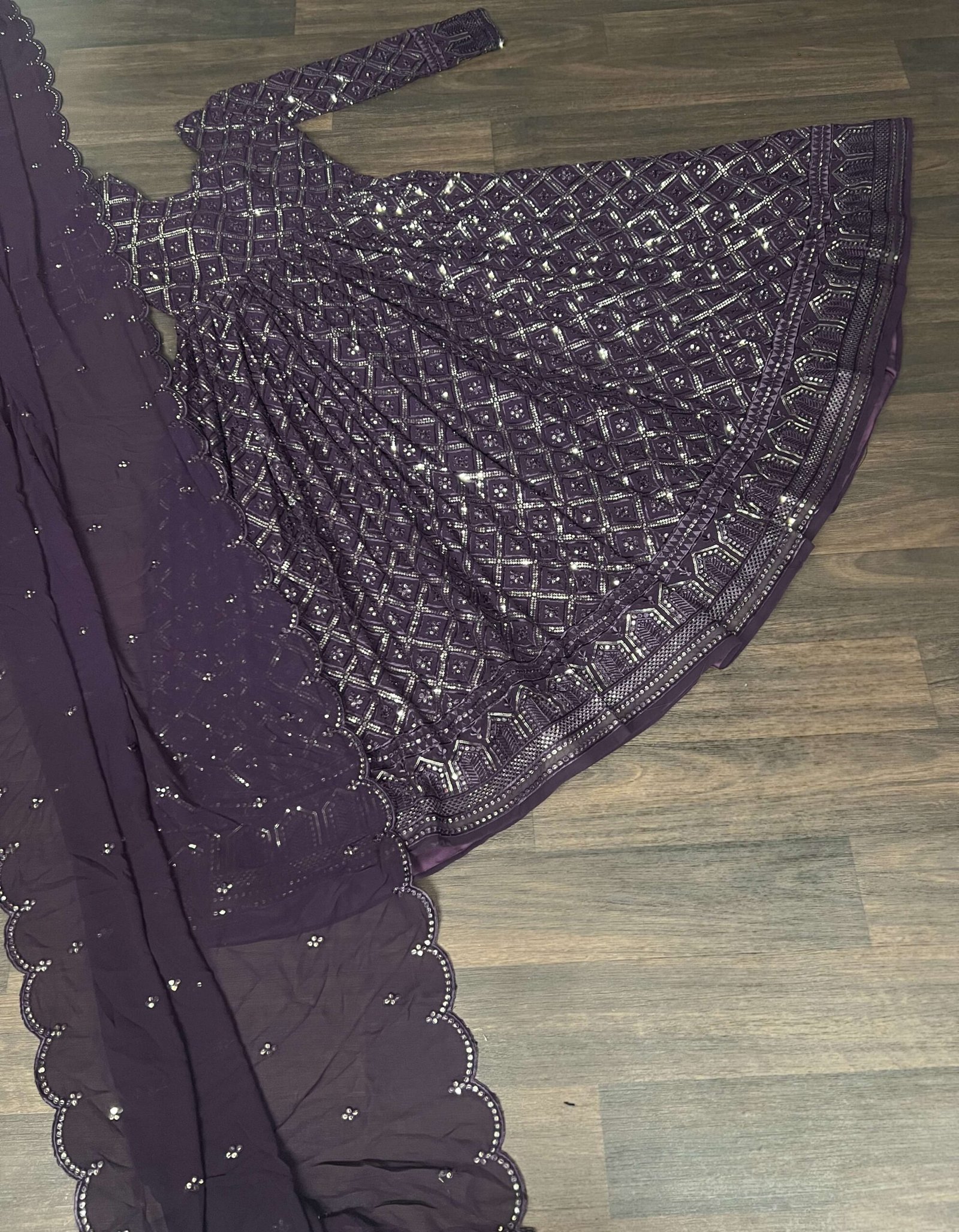 Wine Faux Blooming Designer Gown with Sequined Dupatta ? Elegant Fully Flared Party & Wedding Set - Image 2