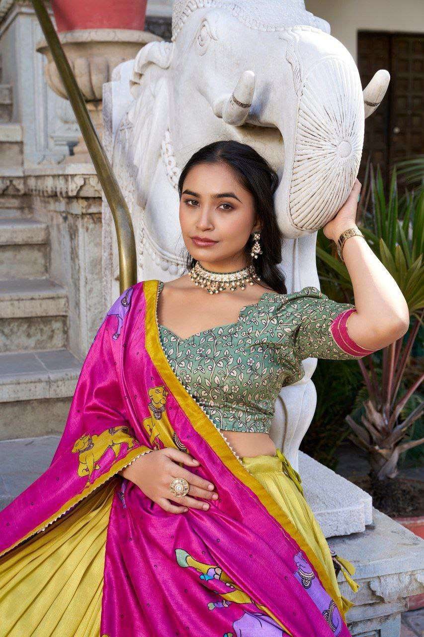 Grey Tussar Silk Lehenga Choli with Pink Blouse | Kalamkari & Foil Work | Wedding & Festive Wear