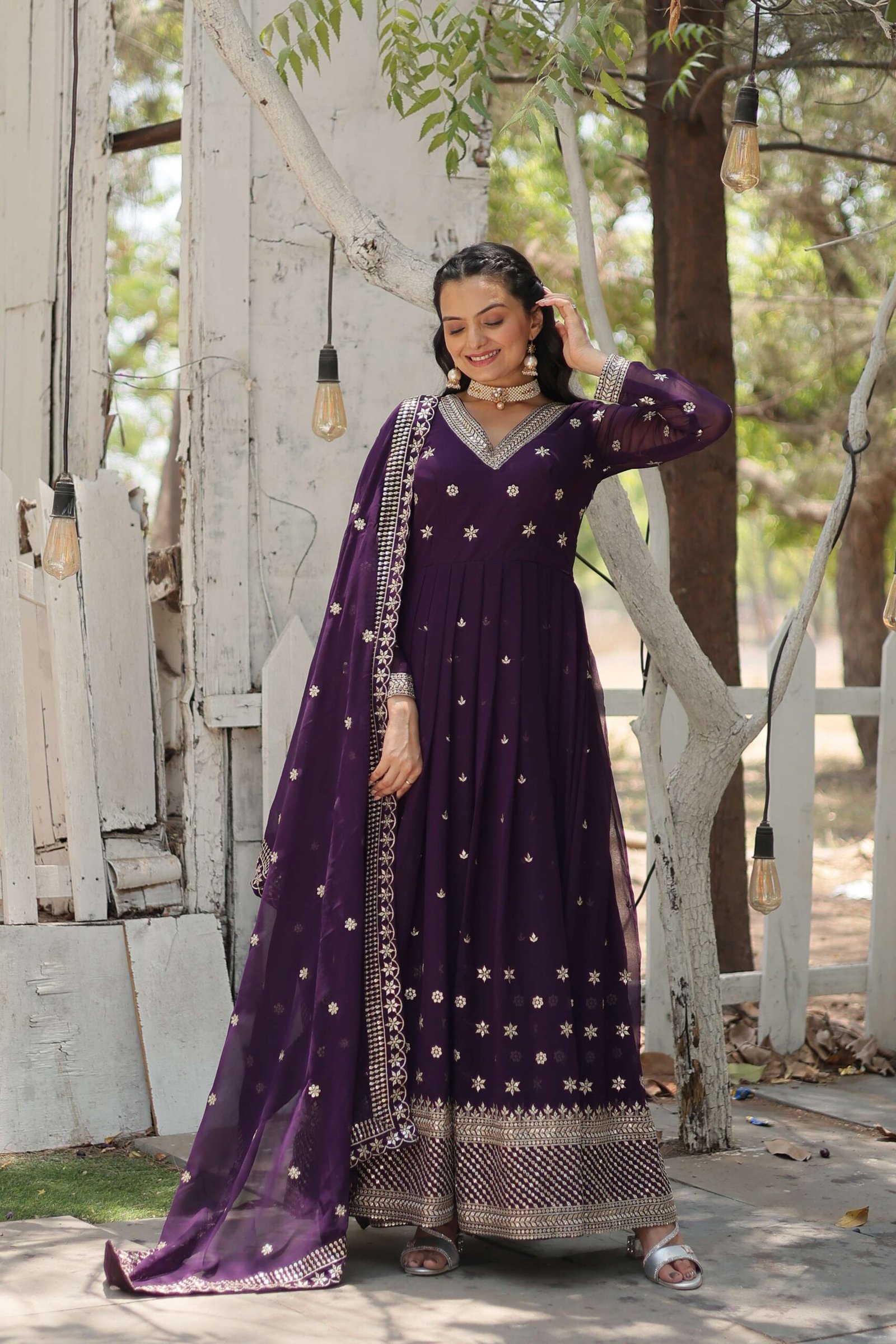 Purple Designer Faux Blooming Anarkali Gown with Sequins Embroidered Dupatta ? Wedding & Festive Wear - Image 3