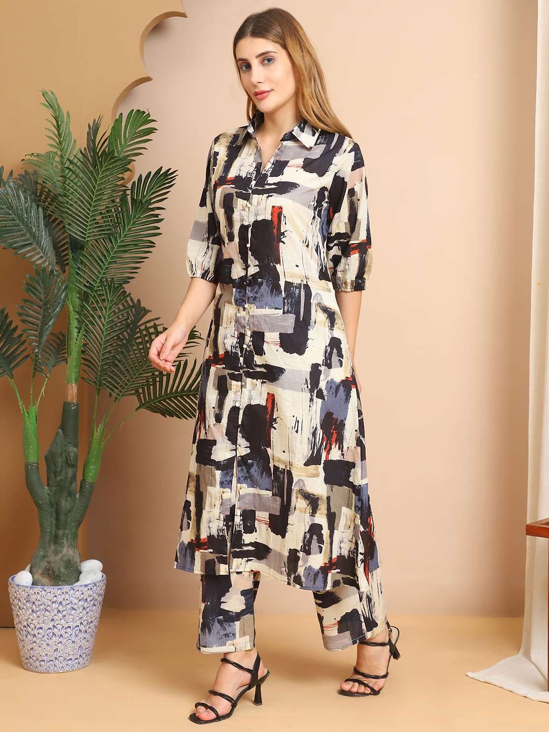 Women's Pure Cotton Printed Collared Top and Pant Co-ord Set (Multti Color6)