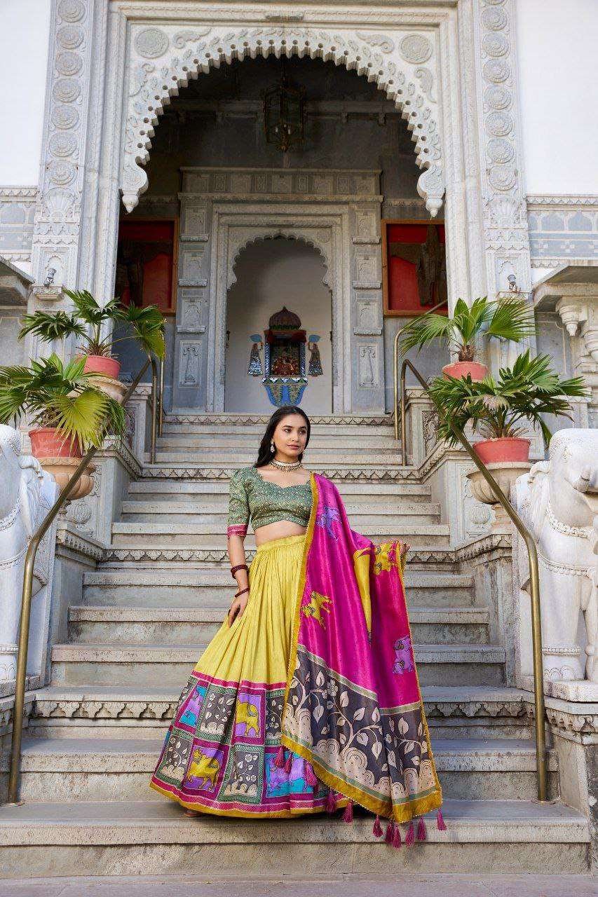 Grey Tussar Silk Lehenga Choli with Pink Blouse | Kalamkari & Foil Work | Wedding & Festive Wear - Image 2
