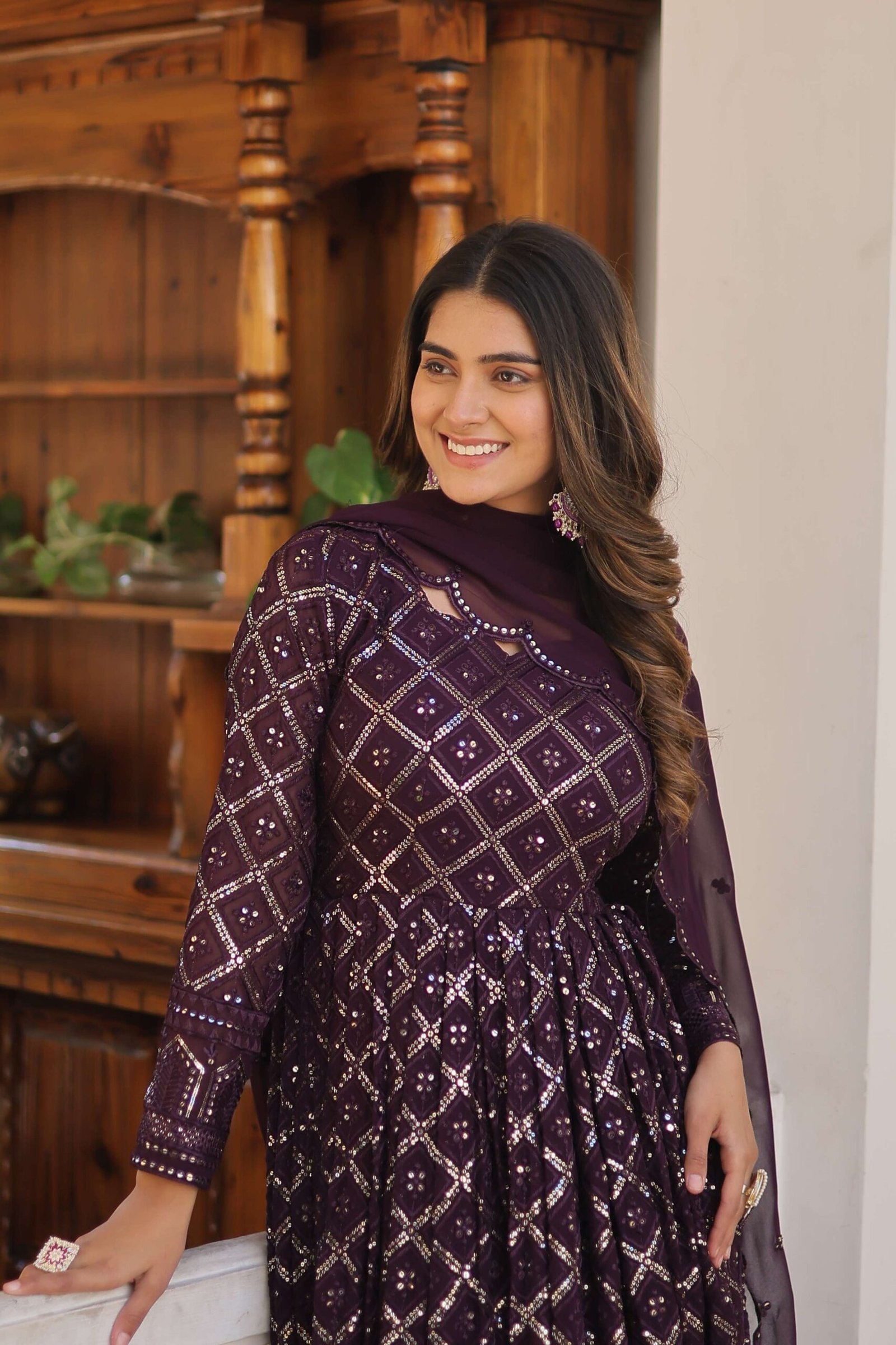 Wine Faux Blooming Designer Gown with Sequined Dupatta ? Elegant Fully Flared Party & Wedding Set - Image 7