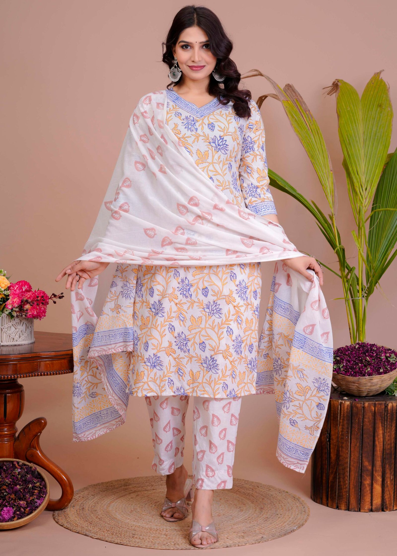Women's White & Yellow Floral Cotton Straight Kurti with Pant & Dupatta Set - Image 3