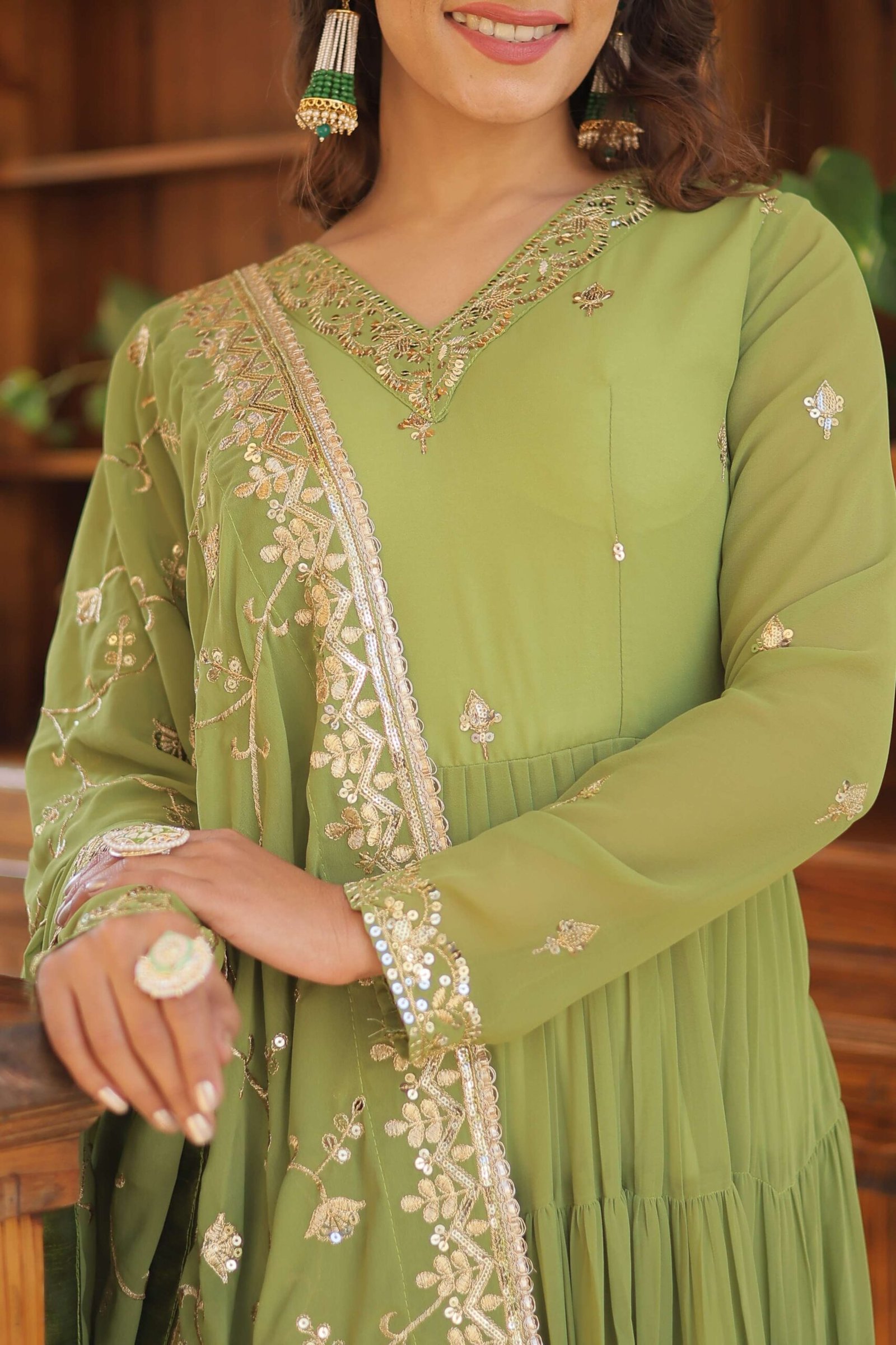 Green Faux Georgette Designer Gown with Sequined Dupatta ? Fully Flared Elegant Ready-to-Wear Set - Image 2