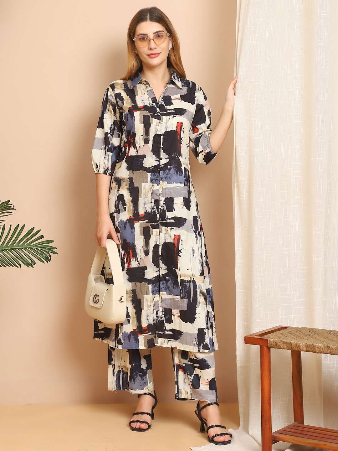 Women's Pure Cotton Printed Collared Top and Pant Co-ord Set (Multti Color6) - Image 4