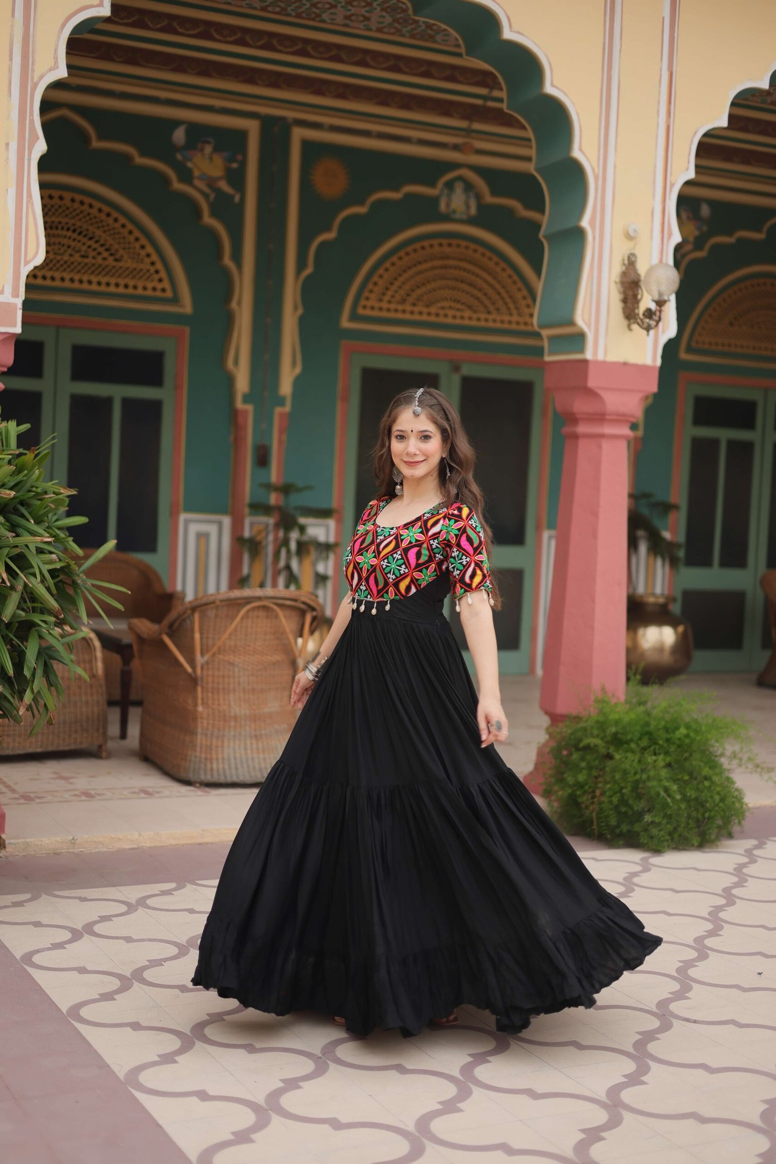 Black Elegant Kutchi Gamthi Work Reyon Gown with Heavy Flair - Image 6