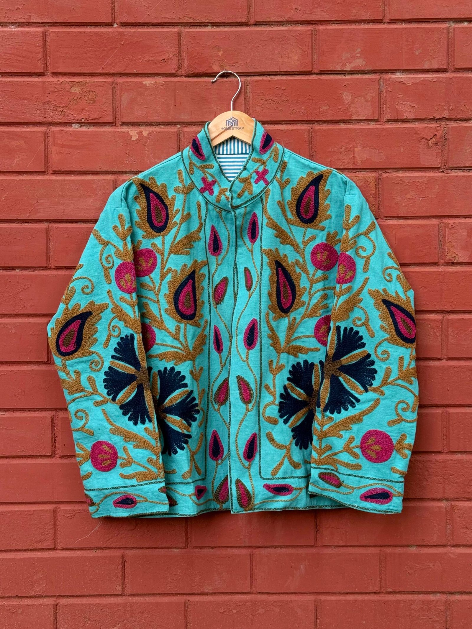Womens Teal Blue Velvet Embroidered Jacket with Floral Design - Image 4