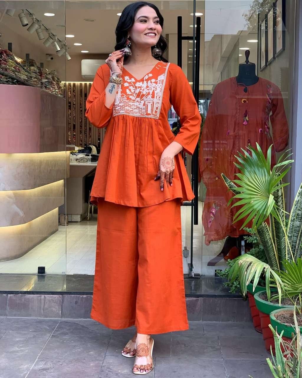 Women's Cotton Embroidered Flared Kurta With Pant Set - Image 3