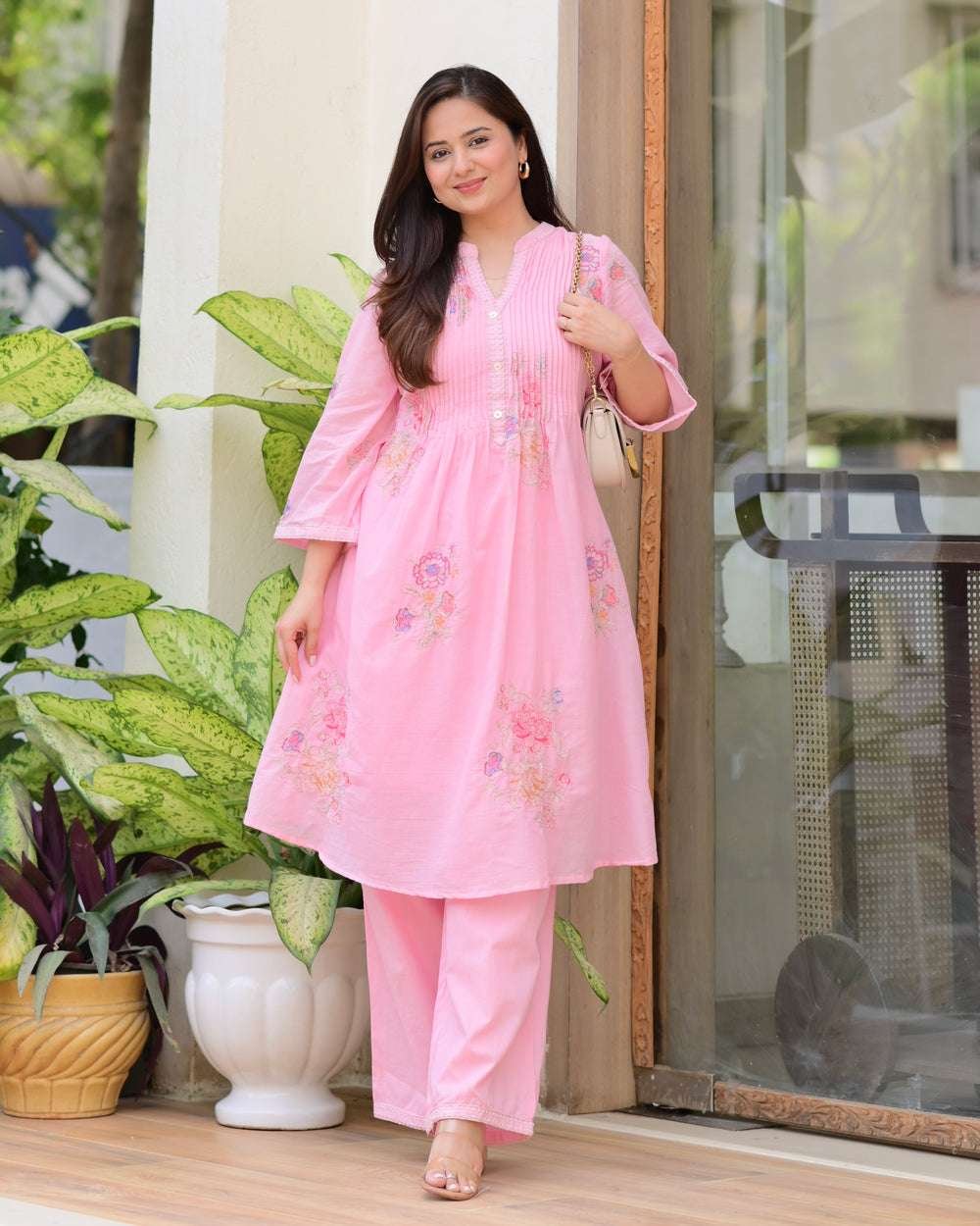 Women's Cotton Embroidery A-Line Kurti With Pant Set - Image 2