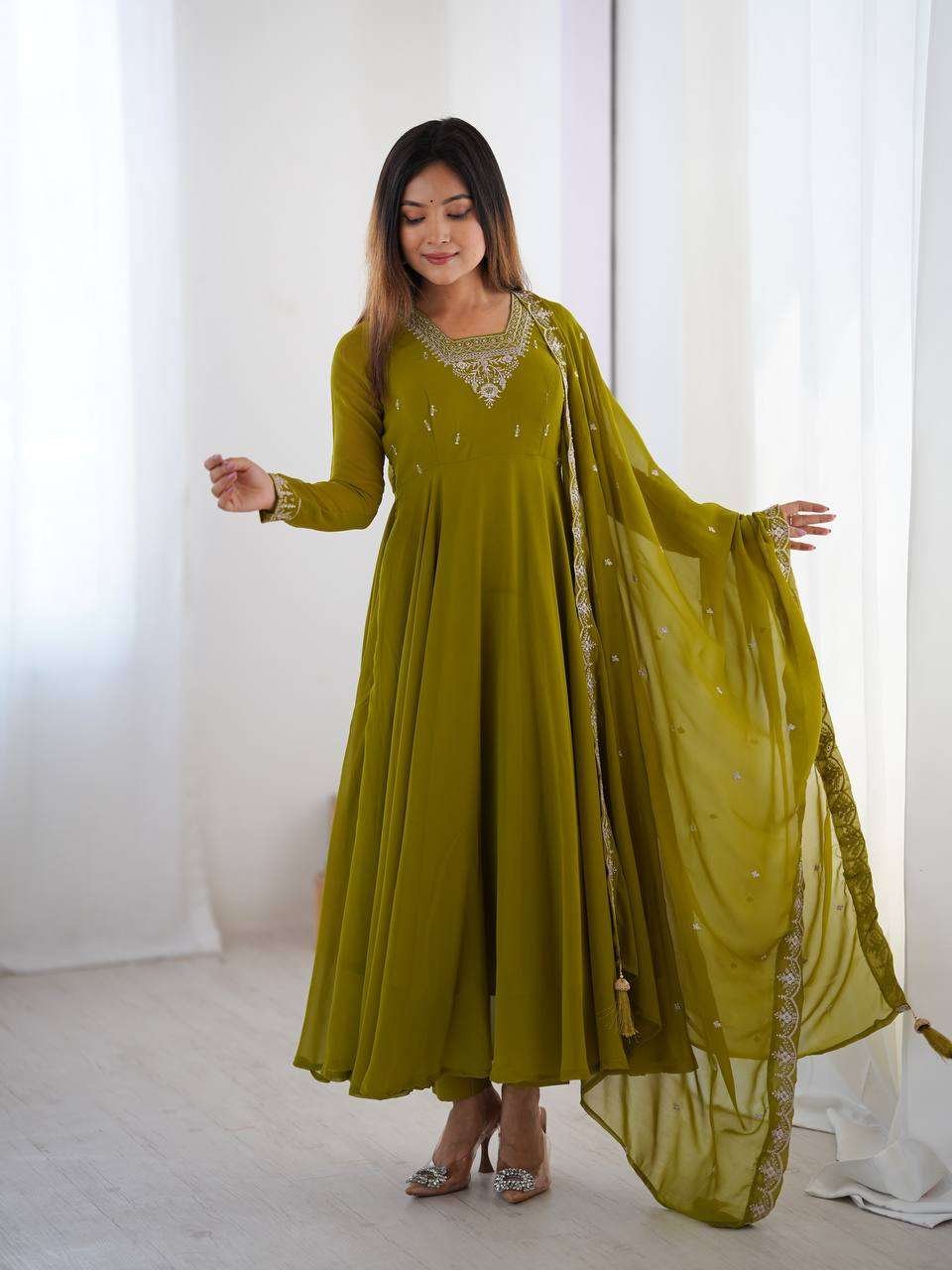 Womens Crunchy Silk Anarkali Kurti with Pant & Dupatta Set - Image 5