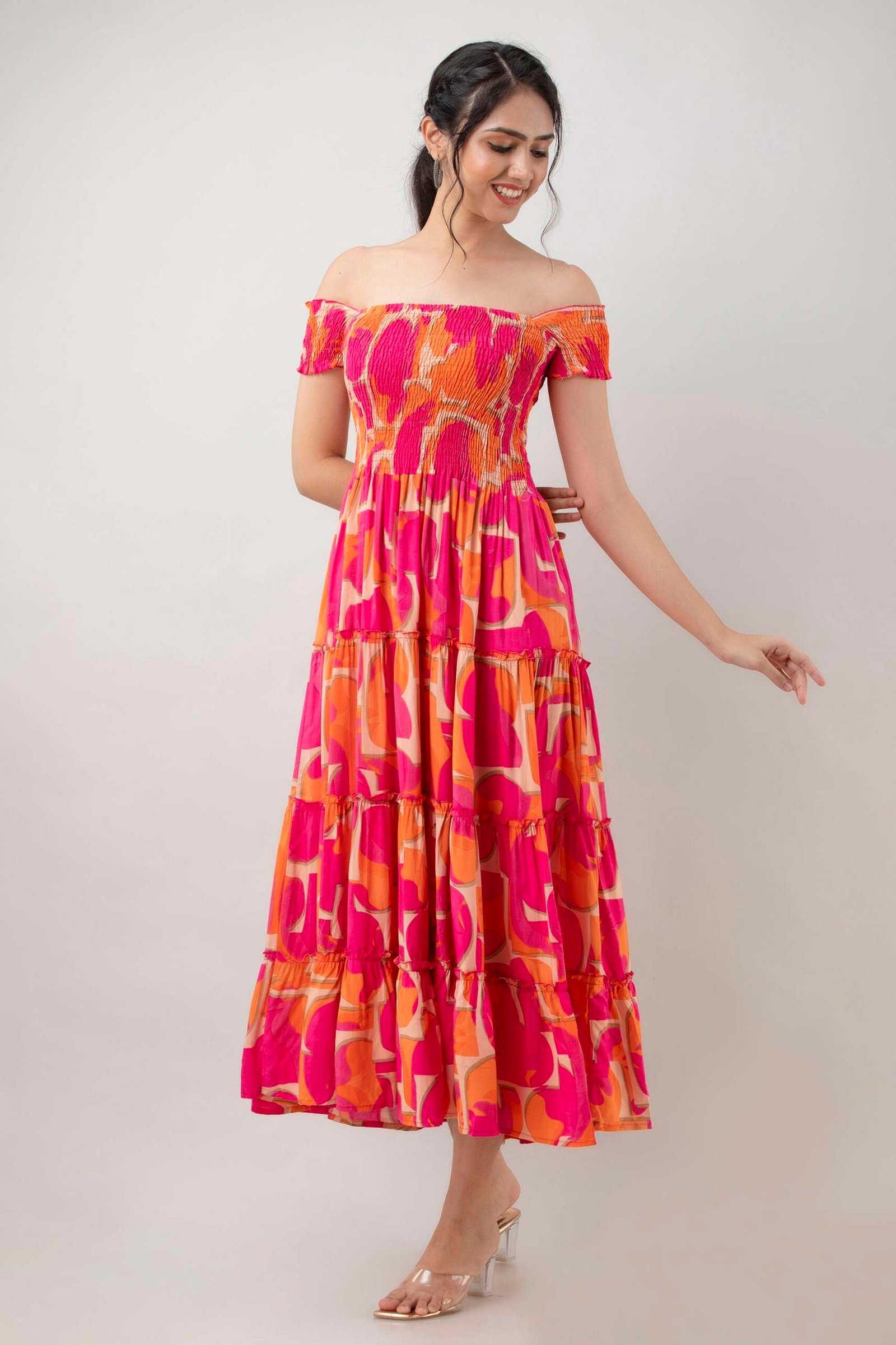 Women's Viscos Rayon Printed Off Shoulder Midi Dress For Summer And Casual Wear (Pink Strip) - Image 4